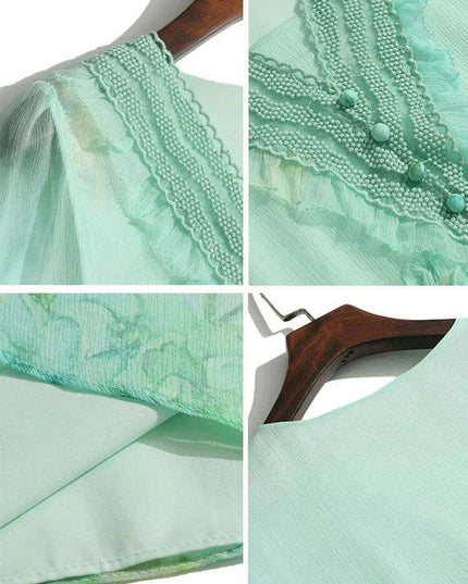 Chic V-neck A-line Dress in Luxurious French Silk with Flared Sleeves