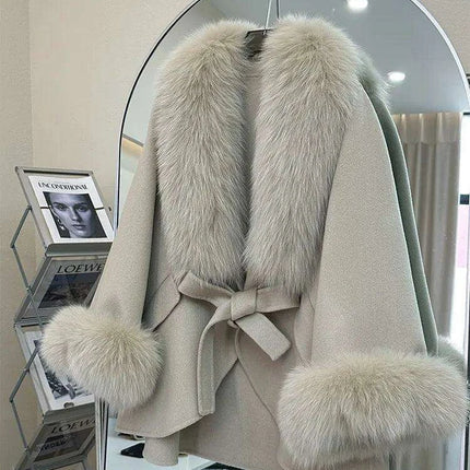 Luxurious Cashmere Wool Winter Coat with Genuine Fox Fur Detailing