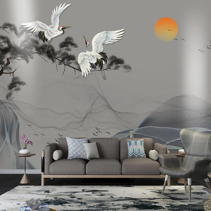 Plum Blossom & Crane Mural Wallpaper — Custom Size, 5 Finishes, Asian Art Style