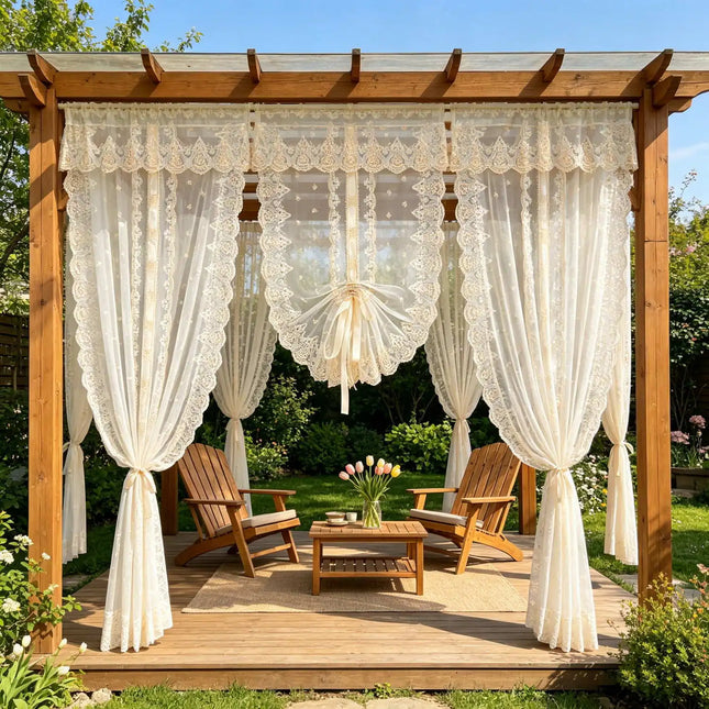 2PCS Pastoral Lace Coffee Embroidery Sheer Curtain for Outdoor Pavilion Hallway Garden Adjustable Drape Decoration 2pcs-pastoral-lace-coffee-embroidery-sheer-curtain-for-outdoor-pavilion-hallway-garden-adjustable-drape-decoration