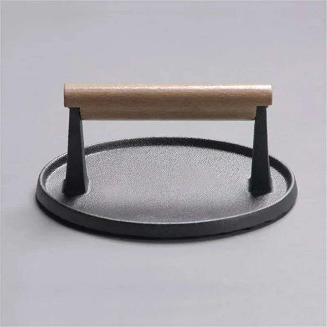 Grill Master Cast Iron Steak Press with Ergonomic Wooden Handle - Essential BBQ Tool for Perfectly Grilled Steaks