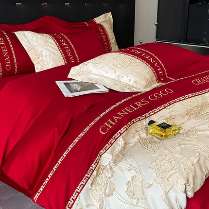 Decrohome Luxury Cotton Bedding Set - Embroidered Quilt Cover & Sheets