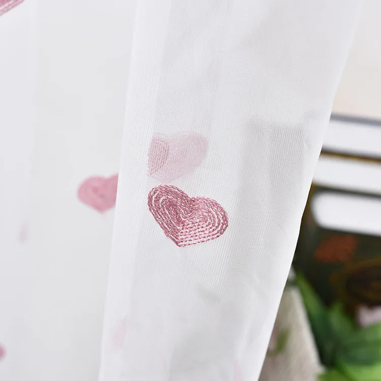 Korean Pink Love Embroidery Blackout Curtains – Tulle & Double Layer, Girls’ Room