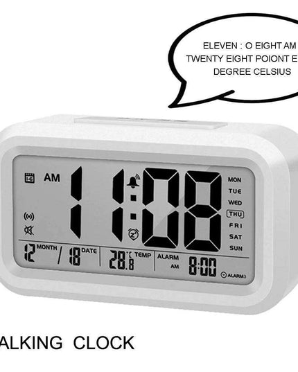 English Voice-Activated Alarm Clock with Temperature, Calendar, Snooze, and Backlight Features