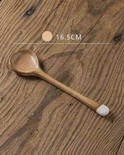 Japanese-Inspired Vintage Stoneware Soup Spoon with Extended Handle - Elegant Kitchen Tableware for 2024
