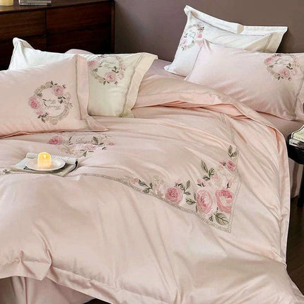 Luxurious 1000TC Egyptian Cotton Floral Embroidered Bedding Set - Cream, Pink, and Green Duvet Cover, Sheet, and Pillowcases