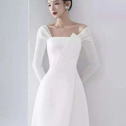 Chic Asymmetrical Summer Evening Dress with Long Sleeves and Flattering Fit