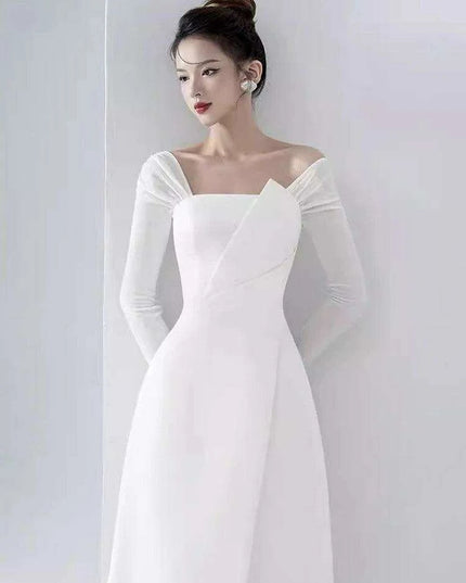 Chic Asymmetrical Summer Evening Dress with Long Sleeves and Flattering Fit