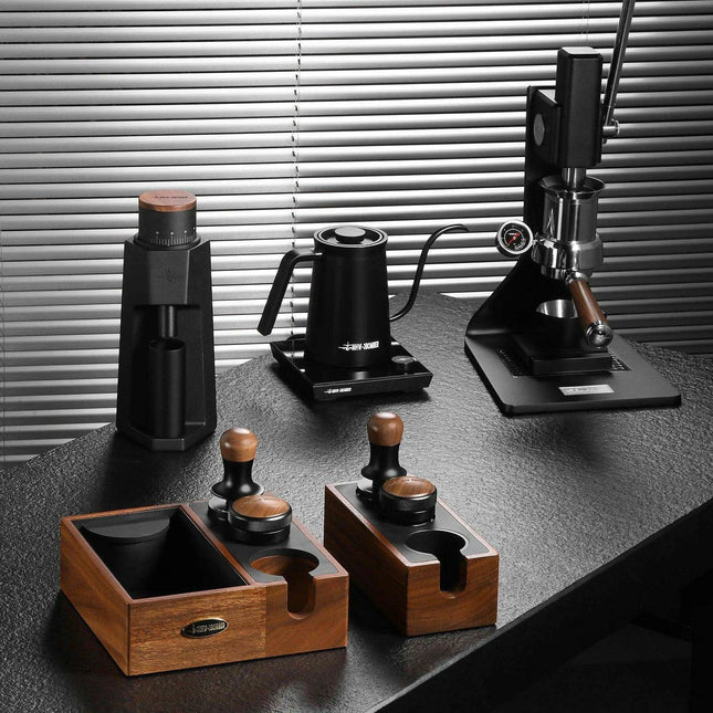 Espresso Knock Box Organizer with Integrated Tamping Station Mat - Essential Storage for Baristas