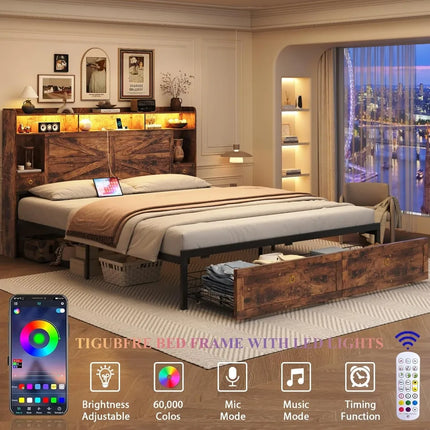 Shop1105673279 Farmhouse King Bed Frame with LED Lights & Storage Draw