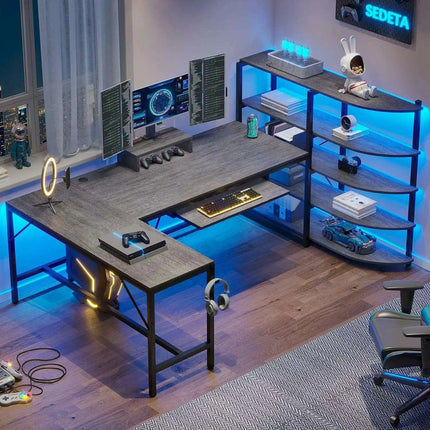 L-Shaped Gaming Desk with RGB Lighting and Versatile Storage Solutions