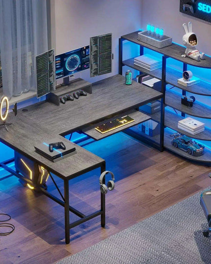 L-Shaped Gaming Desk with RGB Lighting and Versatile Storage Solutions