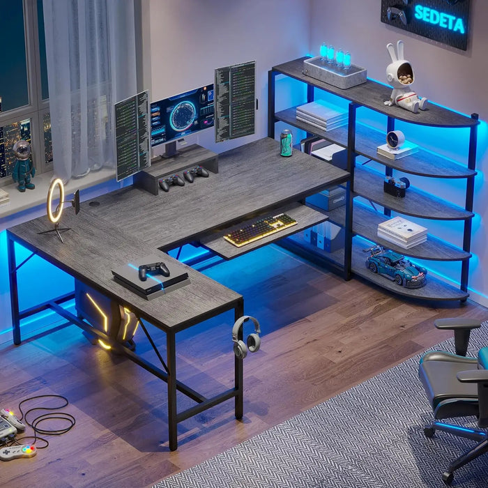 L-Shaped Computer Desk with Storage Shelves, Keyboard Tray, Monitor Stand, and Headphone Hook - Corner Gaming Desk