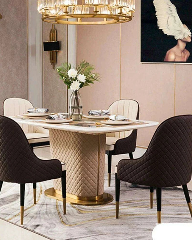 Genuine Leather Chairs & Elegant Marble Table with Stainless Steel Accents
