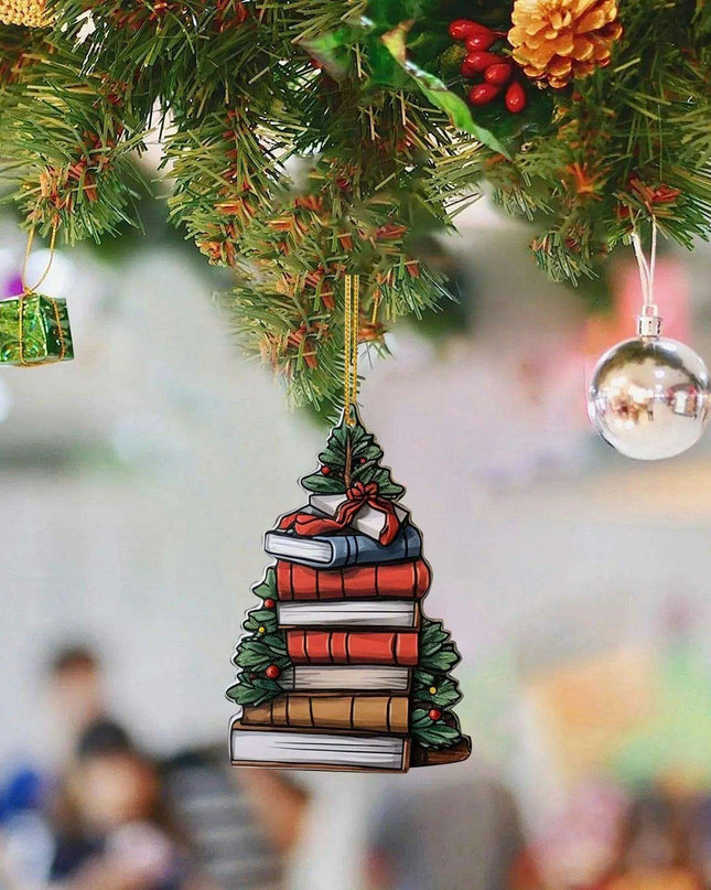 Literary Delight Christmas Ornament Set with Book-themed Acrylic Decor
