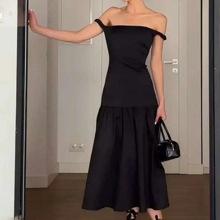 Elegant Ankle-Length Sleeveless Dress with Alluring Slash Neck - Perfect for Autumn Parties and Events