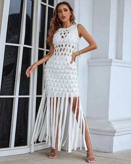 Chic White Tassel Bodycon Dress for Summer Soirees