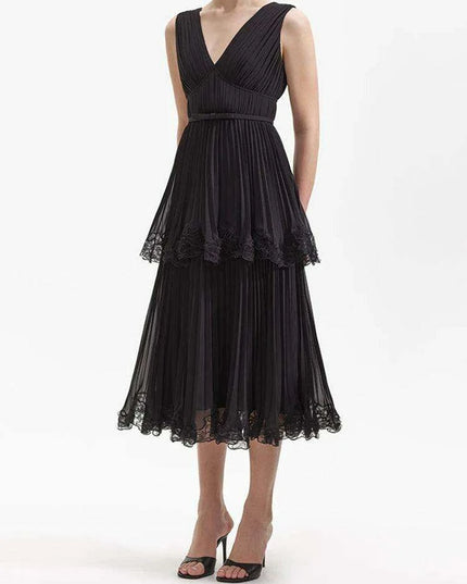 Pleated V-neck Chiffon Evening Dress with Slim Waist Design for Women