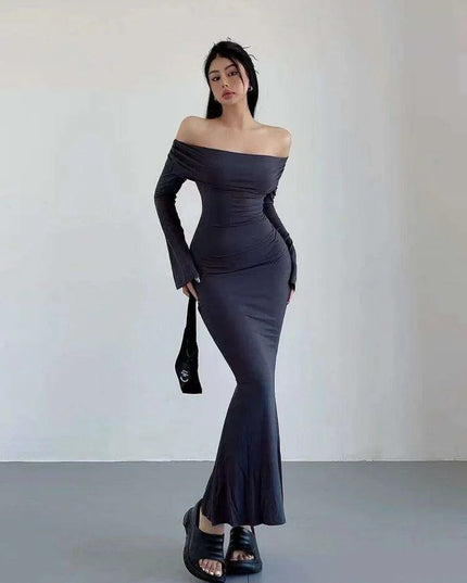 Chic Winter Elegance: Off-Shoulder Korean Maxi Dress in Black