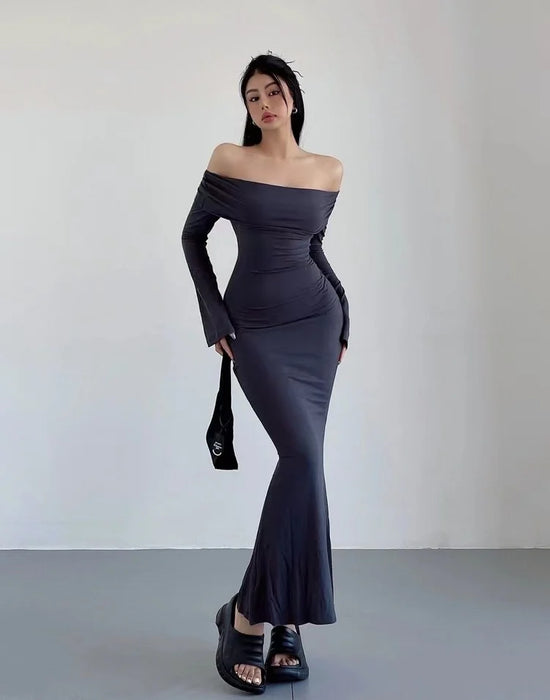 Elegant Korean Style Off-Shoulder Maxi Dress - Fall/Winter Streetwear