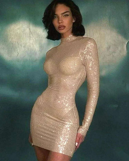 Glamorous Sequined Sheer Mesh Mini Dress with High Neck and Long Sleeves for Night Out