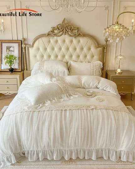 Luxury Velvet Fleece Princess Bedding Set with Elegant Lace Ruffles, Cozy Duvet Cover, Sheets, and Pillowcases
