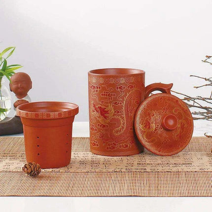 Handcrafted Purple Clay Dragon Teacup with Strainer & Lid - Unique Yixing Zisha Mug