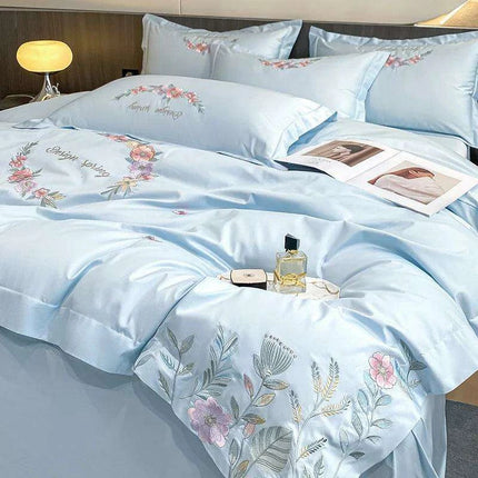 Elegant Floral Embroidered Egyptian Cotton Bedding Collection - Duvet Cover, Bed Sheet & Pillowcases in Soft Pastels
