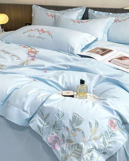 Elegant Floral Embroidered Egyptian Cotton Bedding Collection - Duvet Cover, Bed Sheet & Pillowcases in Soft Pastels