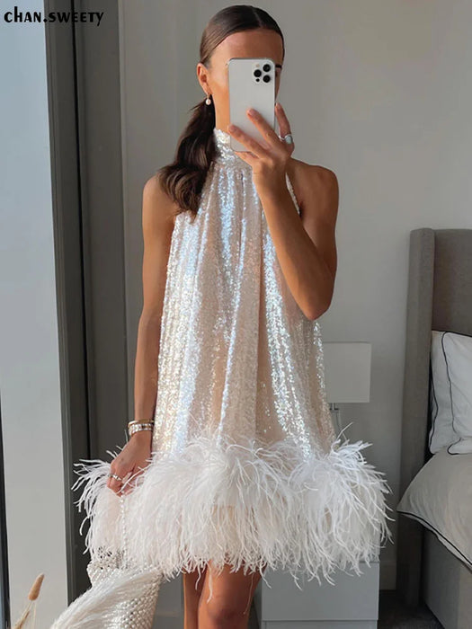 Sleeveless Sequined Mini Dress with Sparkling Hem - Night Gown Vestidos