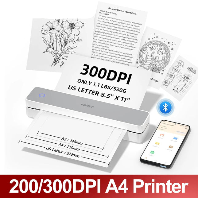 Portable A4 Thermal Bluetooth Printer – Inkless, 200 & 300 DPI, 2000mAh
