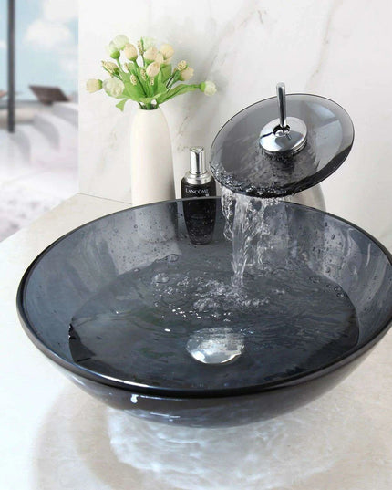 Artisan-Crafted Black Glass Vanity Basin Set with Chrome Waterfall Faucet
