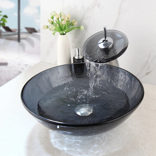 Modern Black Glass Washbasin Set with Waterfall Faucet