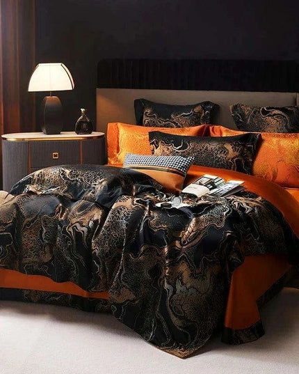Luxurious Golden Jacquard Satin Bedding Set - 4-Piece Black Duvet & Egyptian Cotton Sheets