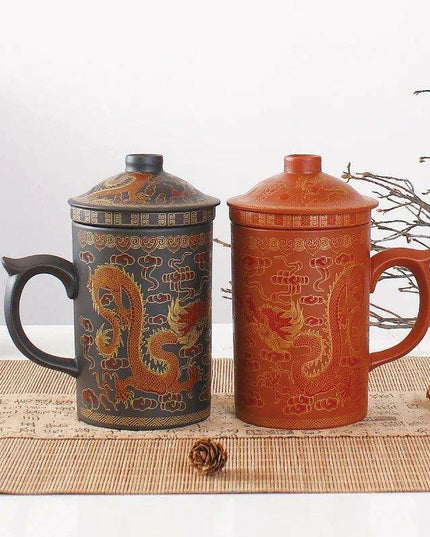 Handcrafted Purple Clay Dragon Teacup with Strainer & Lid - Unique Yixing Zisha Mug