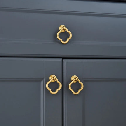 Gold Plum Blossom Cabinet Pull Handle — Solid Brass Single Hole Ring Pull, Set of 4