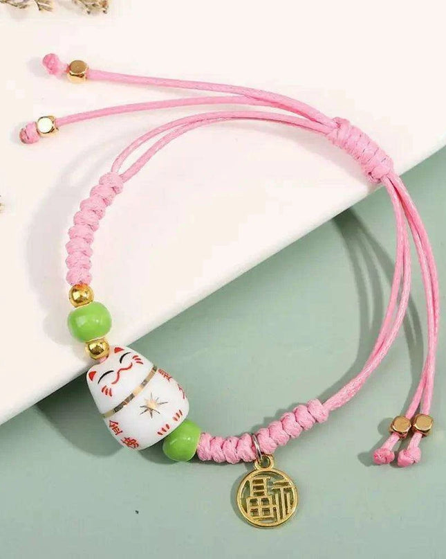 Vibrant Adjustable Lucky Cat Charm Bangles - Playful Rope Bracelets for Women and Girls, Ideal Gift for Prosperity