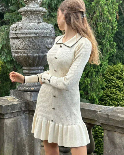 Autumn Elegance: Women's Long Sleeve Knit Dress with Lapel and Ruffled Hem by Mozision