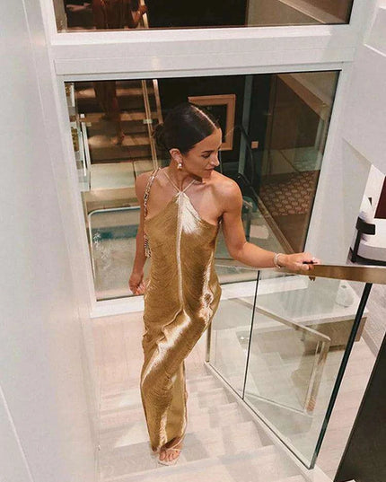 Glistening Metallic Halter Bodycon Mini Dress - Chic Backless Party Ensemble