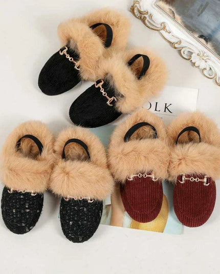 Charming Kids Black Fur Slip-On Slippers - Cozy Outdoor Slides for Boys and Girls