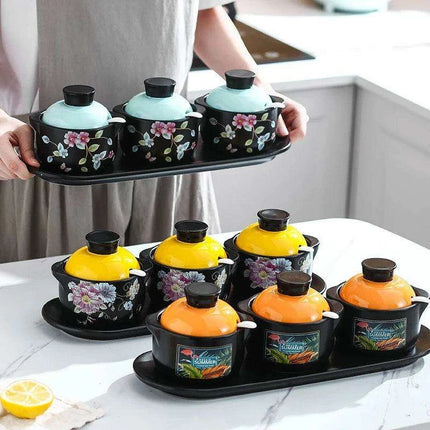 Sophisticated Ceramic Spice Organizer Set - Stew Cup, Oil Dispenser, and Sauce Holder