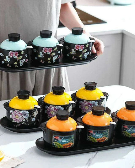 Sophisticated Ceramic Spice Organizer Set - Stew Cup, Oil Dispenser, and Sauce Holder
