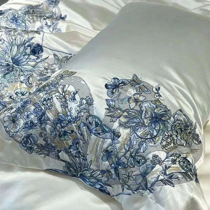 Luxurious Butterfly Embroidery Satin Silk Cotton Bedding Set - Silky Brocade Duvet Cover, Bed Sheet & Pillowcases (4 Piece Collection)