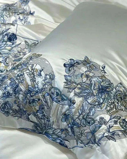 Luxurious Butterfly Embroidery Satin Silk Cotton Bedding Set - Silky Brocade Duvet Cover, Bed Sheet & Pillowcases (4 Piece Collection)