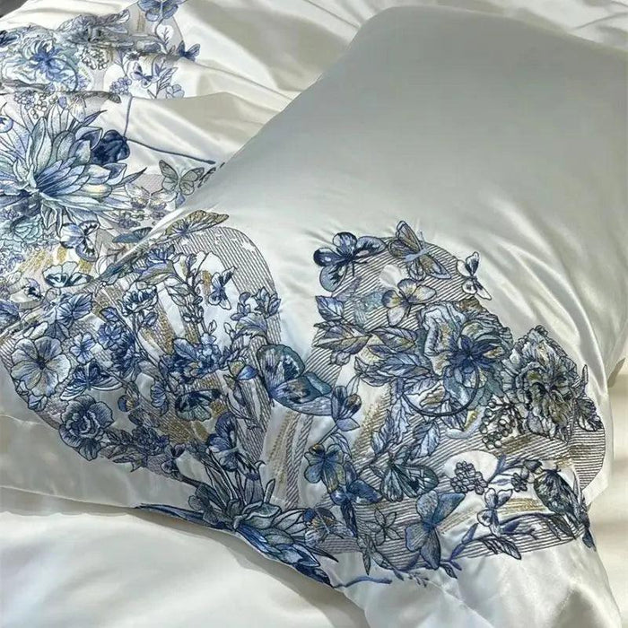 Luxurious Butterfly Embroidery Satin Silk Cotton Bedding Set - Silky Brocade Duvet Cover, Bed Sheet & Pillowcases (4 Piece Collection)