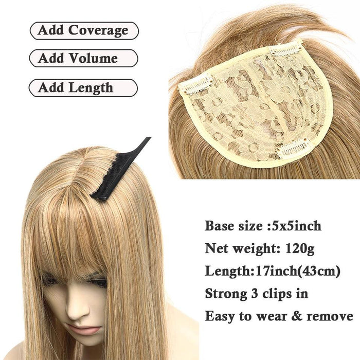 17-Inch Clip-In Synthetic Hair Topper with Silk Base and Bangs for Women