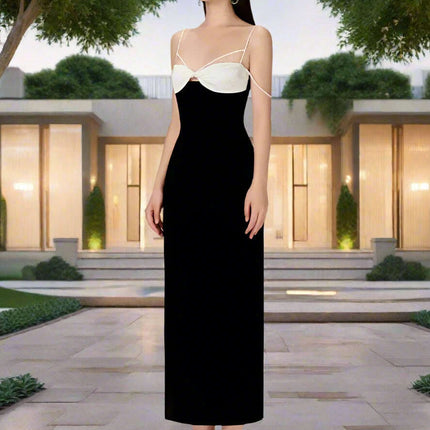 Elegant Backless Color Block Slip Dress with Zipper & Side Slit for Women