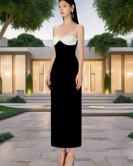 Elegant Backless Color Block Slip Dress with Zipper & Side Slit for Women