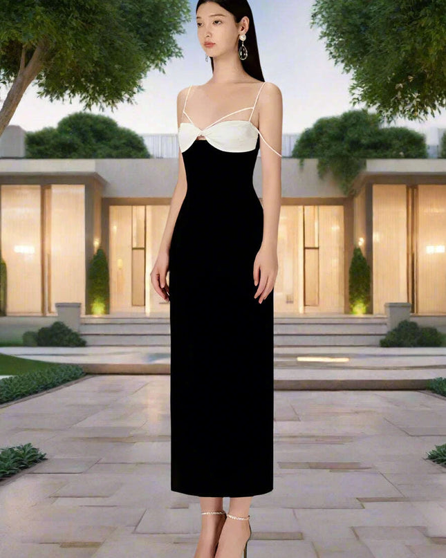 Elegant Backless Color Block Slip Dress with Zipper & Side Slit for Women