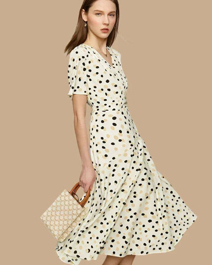 Elegant Chic Dot Print V-Neck Midi Dress for Women – Stylish Summer A-Line Chiffon Dress in White
